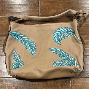 Tan and Blue Embroidered Women's Bag